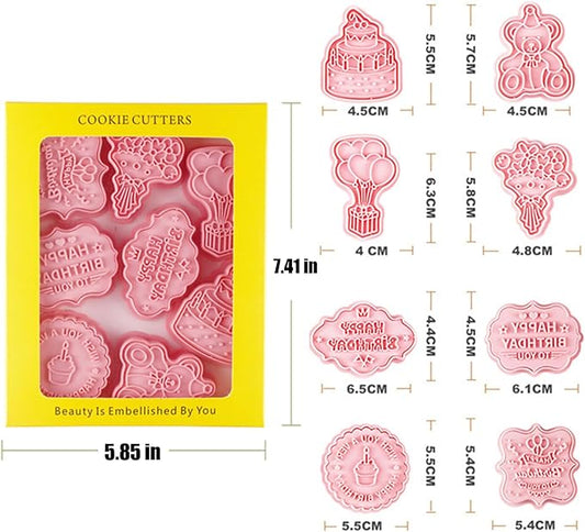 8PCS Happy Birthday Cookie Cutter Sets 3D Plastic Cookie Cutters with Plunger Stamps Pressable Biscuit Mold Cookie Molds Cake Baking Fondant Cutter Birthday Party DIY Cookie Decorating Supplies(C)