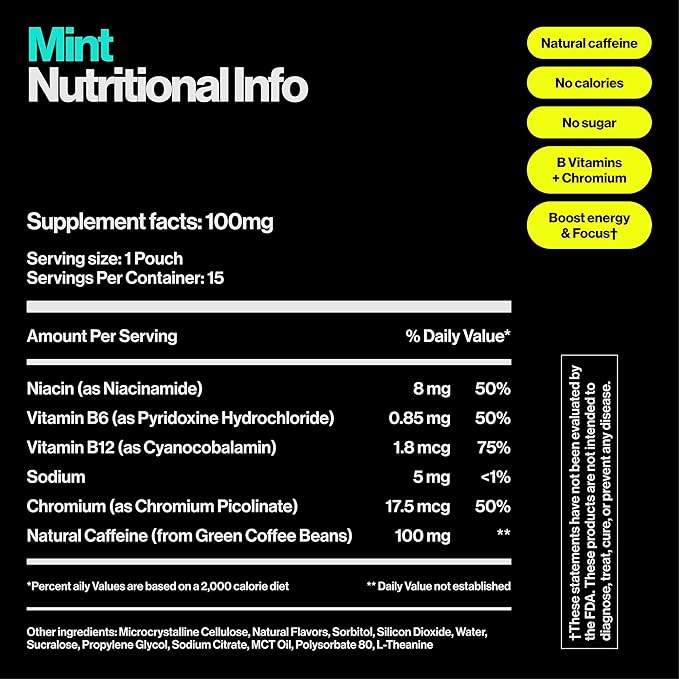 Wip Energy Pouches | 100mg Natural Caffeine | Vitamins and Minerals | Mint | 15 Pouches Per Can | 1 Can