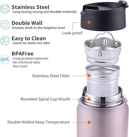 Infuser Travel Mug with Removable loose leaf Tea Strainer Bottle 18/8 Stainless Steel Insulated Tumbler for Women Rosegold