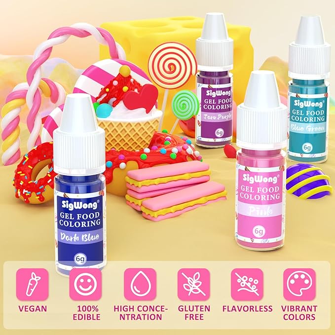 Gel Food Coloring Set - 21 Colors Tasteless Based Color Dye, Vibrant Edible Icing for Cake Cookie Decorating, Baking, Fondant, Frosting, Easter Eggs, with Gloves (6g/Bottle) Vegan
