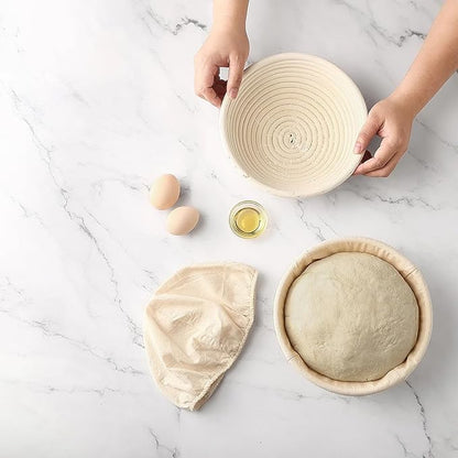 Banneton Bread Proofing Basket - Rattan Proofing Baskets for Sourdough Bread | Banneton Baskets Bowls with Linen Liners for Artisan Homemade Bread Baking (9 inch Basket Set of 2 with Baking Supplies)