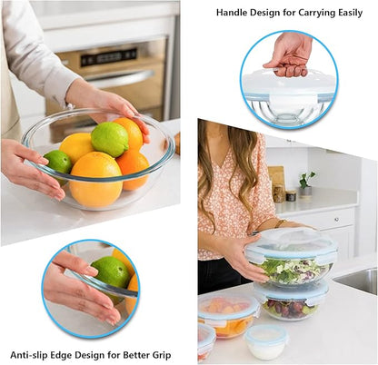 WhiteRhino Glass Mixing Bowl with Lids Set of 5, 0.2, 0.5, 1.1, 2.1, 3.75 QT, Large Salad Bowls with BPA-Free Lids, Space-Saving Nesting Bowls for Kitchen Food Storage, Glass bowl for Cooking, Baking