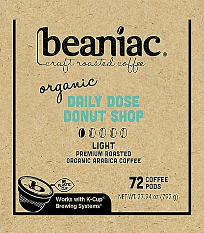 beaniac Organic Daily Dose Donut Shop, Light Roast, Single Serve Compostable K Cup Coffee Pods, Organic Arabica Coffee, Keurig Brewer Compatible, 72 Count
