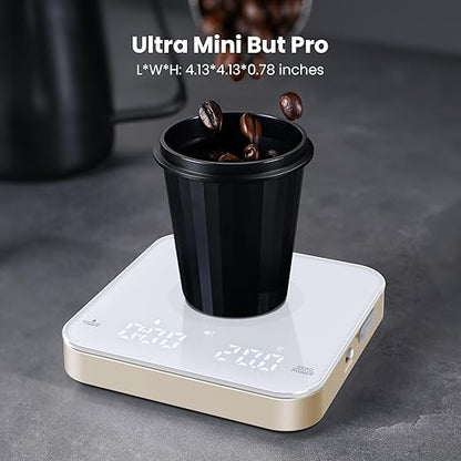Rechargeable Mini Coffee Scale with Timer, Maestri House Espresso Scale, 2kg/0.1g Accurate Scale for Espresso and Pour-Over Coffee, Portable Digital Kitchen Scale with Automatic Timing（White&Glod）