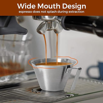 4Pcs Stainless Steel Espresso Cups, Double Spout Metal Espresso Measuring Cup with Handle, Dual Scale Espresso Shot Cup with V-Shaped Mouth, 3.4oz/100ml (Silver)