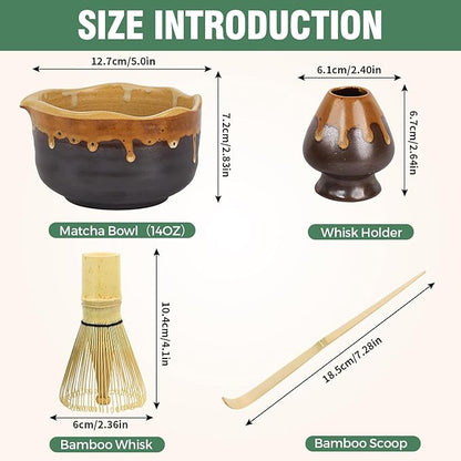 Pottery Matcha Set - Japanese Handcrafted Matcha Tea Bowl Mineral Glaze Bowl with Spout, Bamboo Whisk, Scoop & Chasen Holder | 4pc Tea Ceremony Kit for Matcha Lovers (Coffee Sand)