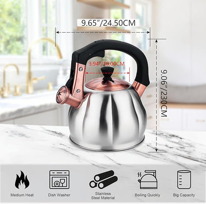 Stainless Steel Tea Kettle for Stove Top Teakettles Stovetop Whistling with Heat Proof Ergonomic Handle 2.5 Quart