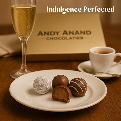 Andy Anand Chocolatier Champagne, Rum, Irish Cream & Kahlua Belgian Chocolate Truffles Gift Box - Handmade liqueur filled Delicious Gourmet Chocolates, Assortment for Connoisseurs (16 Pcs)