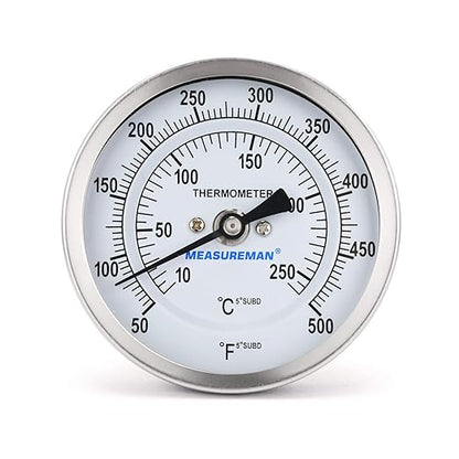 Measureman Fully Stainless Steel Bimetal Dial Thermometer, 3" Dial, 2-1/2" Stem, 50-550 deg F/10-260 deg C, -1% Accuracy, Adjustable, 1/2" NPT Back Mount
