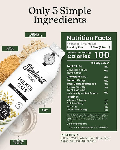Elmhurst 1925 Sweetened Oat Milk - 32 Ounce (Pack of 6) Dairy-Free, Vegan, Kosher, Gluten-Free, Shelf Stable Plant Based Milk Made with Whole Grain Oats for Healthier Coffee, Latte & Smoothies