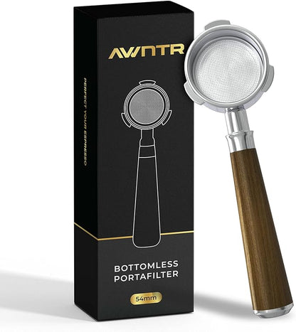Bottomless Portafilter 54mm - Stainless Steel Filter Basket and Ergonomic Mahogany Wood Handle - Compatible with Breville 54mm Bottomless Portafilter Coffee Machine Models
