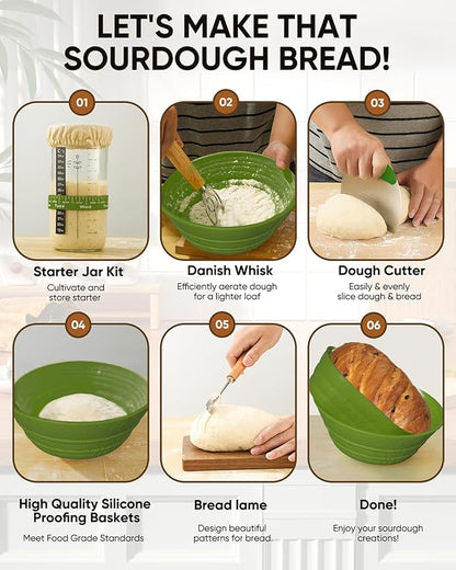 Sourdough Bread Baking Supplies 34 OZ Sourdough starter kit with 2 Bread Proofing Basket - Green