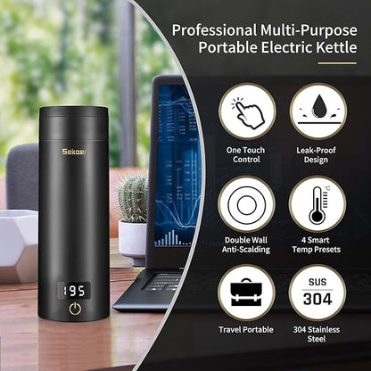 Sekaer Travel Electric Tea Kettle Portable Small Mini Coffee Kettle, with 4 Variable Presets, Personal Hot Water Boiler 304 Stainless Steel with Auto Shut-Off & Boil Dry Protection, SY-618B