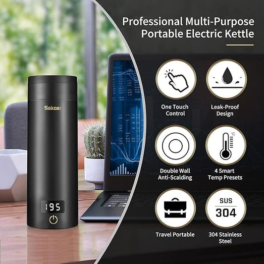 Sekaer Travel Electric Tea Kettle Portable Small Mini Coffee Kettle, with 4 Variable Presets, Personal Hot Water Boiler 304 Stainless Steel with Auto Shut-Off & Boil Dry Protection, SY-618B