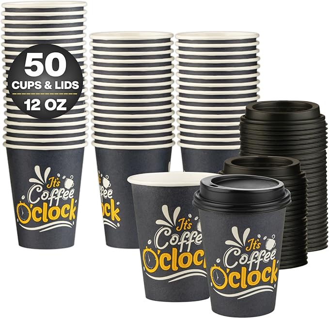 Smygoods Disposable Coffee Cups with Lids, To Go Paper Hot Cups, Coffee O'Clock Design (12 OZ, 50 Count) For Hot Beverages, Coffee, Tea, Espresso, Cocoa - Vasos Para Cafe