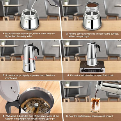 2 Cup Stovetop Espresso Maker Stainless Steel Moka Pot Stove Top Percolator Italian Coffee Makers Capable Mocha Greca Machine Cafe Classic Induction Cookers for Home and Camping 100ml 3.3oz
