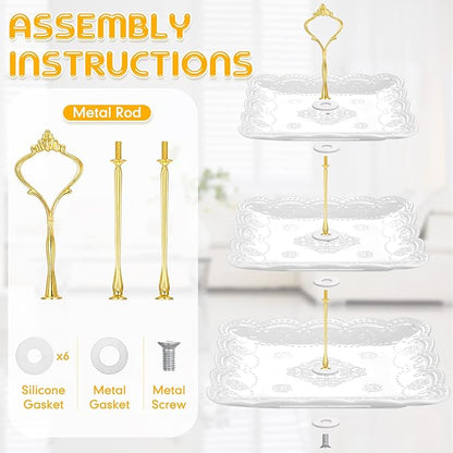 Tatuo 2 Pcs 3 Tier Porcelain Cupcake Stand, Cup Cake Holder Tower, Pastry Serving Elegant Dessert White Ceramic Tiered Stand for Wedding, Birthday, Tea Party(Lace Square Shape)