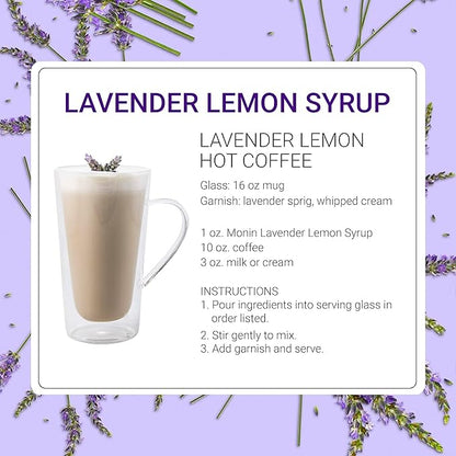Monin - Lavender Lemon Syrup, Soothing Lavender & Citrus Flavored Syrup, Coffee Syrup, Natural Flavor Drink Mix, Simple Syrup for Coffee, Cocktails, Soda, & More, Gluten-Free, Clean Label (750 ml)
