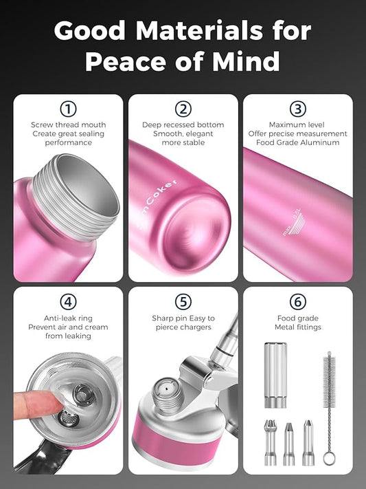 Whipped Cream Dispenser,Aluminum Cream Whipper 500mL/1 Pint,3 Decorating Nozzles,1 Brush, 1 Storage Bag,Homemade Whipped Cream Maker,Pink