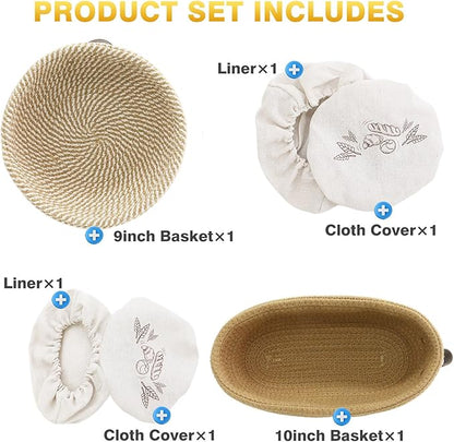 Banneton Bread Proofing Basket Set of 2, 9 10 11 inches Round & Oval Cotton Rope Sourdough Bread Baking Supplies Proofing Bowls with Liners & Covers Gifts for Bakers Women Wife Mom