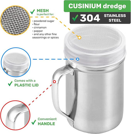 CUSINIUM Large Powdered Sugar Shaker Duster - With Handle - Cinnamon Shaker For Coffee Bar- Fine Mesh Dredge - 14 ounce | Style: Fine
