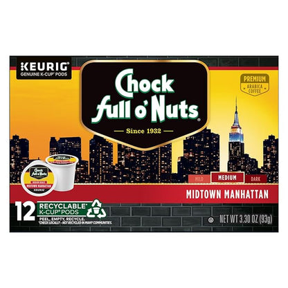 Chock Full o'Nuts Midtown Manhattan Coffee, Compatible with K-Cup Pods, 12 CT (Pack of 3)