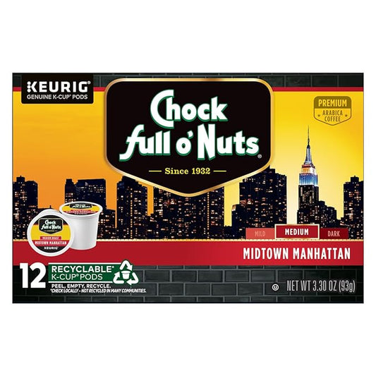 Chock Full o'Nuts Midtown Manhattan Coffee, Compatible with K-Cup Pods, 12 CT (Pack of 3)