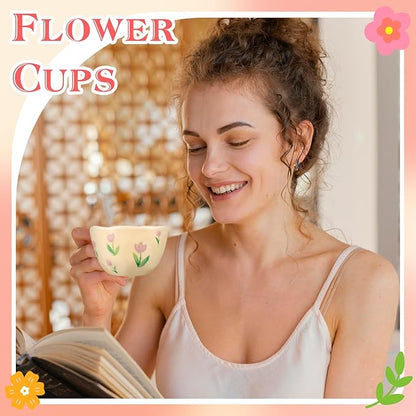 Ceramic Coffee Mug Vintage Flower Mugs 8 oz Cute Floral Coffee Mugs Irregular Latte Art Cup Lead-free Porcelain Cups for Cappuccino, Cocoa (Purple Tulips)