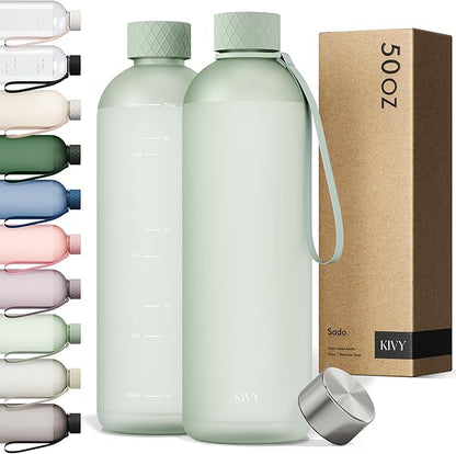 KIVY Large Water Bottle 50oz [Lightweight & Shatterproof] Fits Backpack & Cupholder for Travel, Sports, School - Extra large bottle no straw - 1.5 Liter bottles - 50oz Water bottle Green