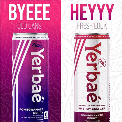 Yerbaé Energy Seltzer - Pomegranate Berry, No Sugar/Calories/Carbs. Energized by Yerba Mate, Naturally Caffeinated Plant-Based, Healthy Alternative to Coffee, Sugary Sodas, Pack of 12, 12oz cans