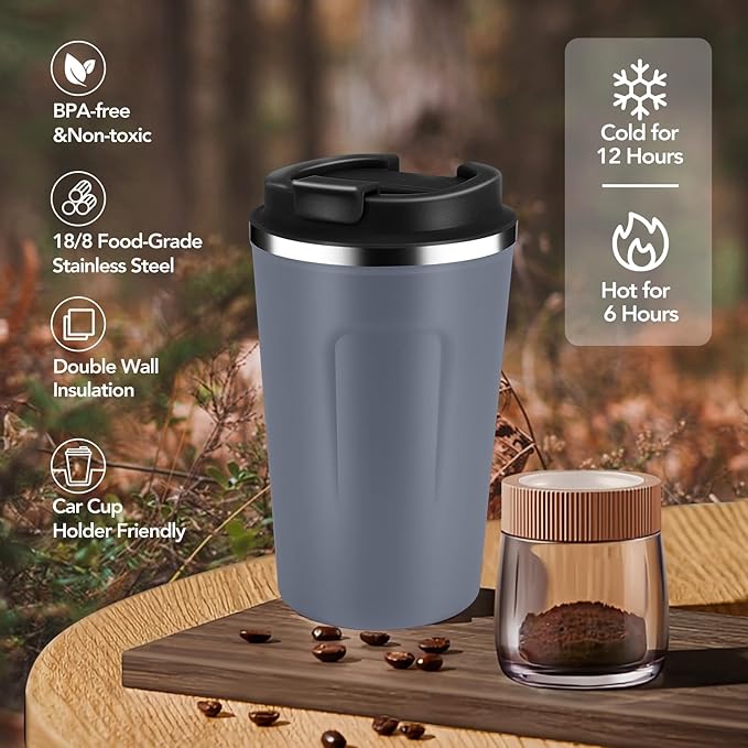 Volhoply 12 oz Double Wall Insulated Vacuum Travel Coffee Mug with Flip Lid Bulk 4 Pack,Reusable Stainless Steel Leak Proof Coffee Cups,Portable Cafe Thermal Tumbler for Hot & Cold Drinks(Gray,4 Set)