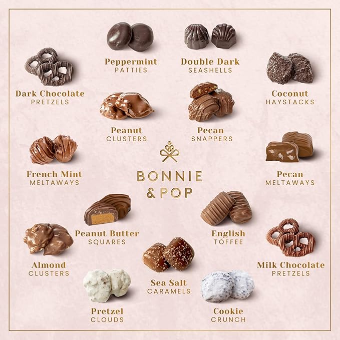 Christmas Chocolate Gift Basket– Holiday Candy Gift Box with Assorted Milk, Dark & White Chocolates – Holiday Food Gift Idea for Men, Women, Family, Corporate- Bonnie & Pop