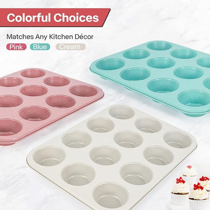 2-Pack Pink Nonstick Muffin Pans, 12-Cup Muffin Cake Pan, 5-Layer Free PFOA/PFOS/PTFE Safe Cupcake Pan, Durable & Easy-Clean Muffin Cup for Baking
