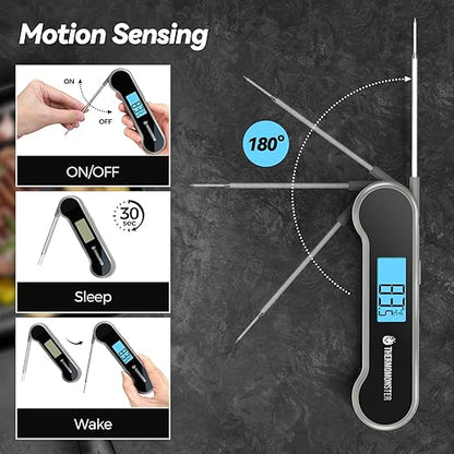 0.5 Sec Instant Read Meat Thermometer Digital with ±0.5℉ Precision, 100% Waterproof Auto Flip Bright LCD Screen, Motion Sensing Food Thermometer for Cooking Kitchen Oven Grill Candy BBQ, Grey
