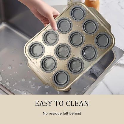 2 Pieces Carbon Steel 12 Hole Press Baking Silicone Cake Molds, Cupcake Baking Slices (12 Regular Sizes), Muffin Baking Sheets (Easy to Pop), Oven Safe Nonstick Non-Toxic Baking Pan