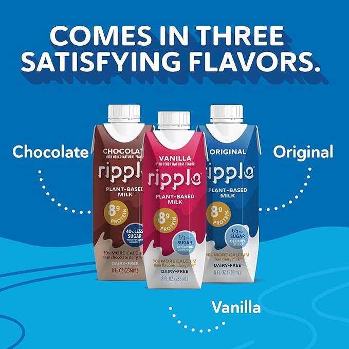 Ripple Original Plant Based Milk | 8g of Quality Sourced Pea Protein, Calcium Rich | Shelf Stable | Vegan & Non GMO Certified | Dairy, Soy, Nut, Gluten, & Lactose Free | 8 Fl Oz Cartons (Pack of 12)