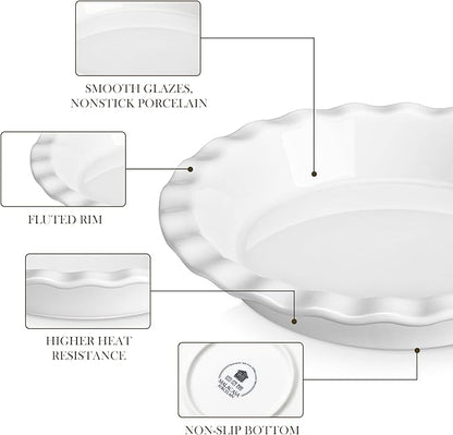MALACASA Ceramic Pie Pan Set of 2, 9 inch, 40 oz Round Pie Dishes with Fluted Edges, Non Stick, For Quiche, Apple Pies, Pot Pies & More
