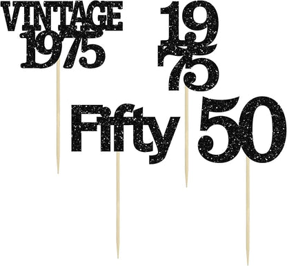 Gyufise 24Pcs Vintage 1975 Cupcake Toppers Cheers to 50 Fabulous Fifty Cupcake Picks 50th Birthday Wedding Anniversary Party Cake Decorations Supplies Black