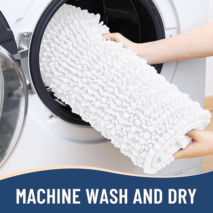 Arotive Luxury Chenille Bathroom Rug Mat, Extra Soft Thick Absorbent Shaggy Bath Rugs, Non-Slip Machine Wash Dry, Plush Bath Mats for Bathroom, Shower and Tub, 47x17, White