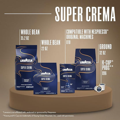 Lavazza Super Crema Whole Bean Espresso Coffee, 2.2lb Bag, Vacuum-Packed
