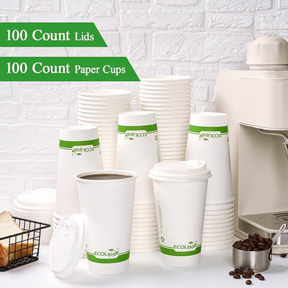 ECOLipak 100 Count 16 oz Compostable Paper Coffee Cups, Biodegradable Disposable Coffee Cups with CPLA Lid, Eco-friendly Hot Drinking Cups for Party, Picnic, Travel,and Events
