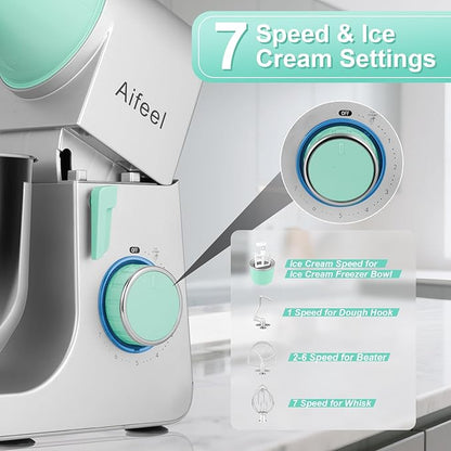 Aifeel Stand Mixer,6.5QT Kitchen Electric Mixer with 2QT Ice Cream Maker Bowl, 6 in 1 Multifunctional Bread Dough Mixer with Dough Hook,Whisk & Beater, Food Mixer for Baking (Green-Silver)
