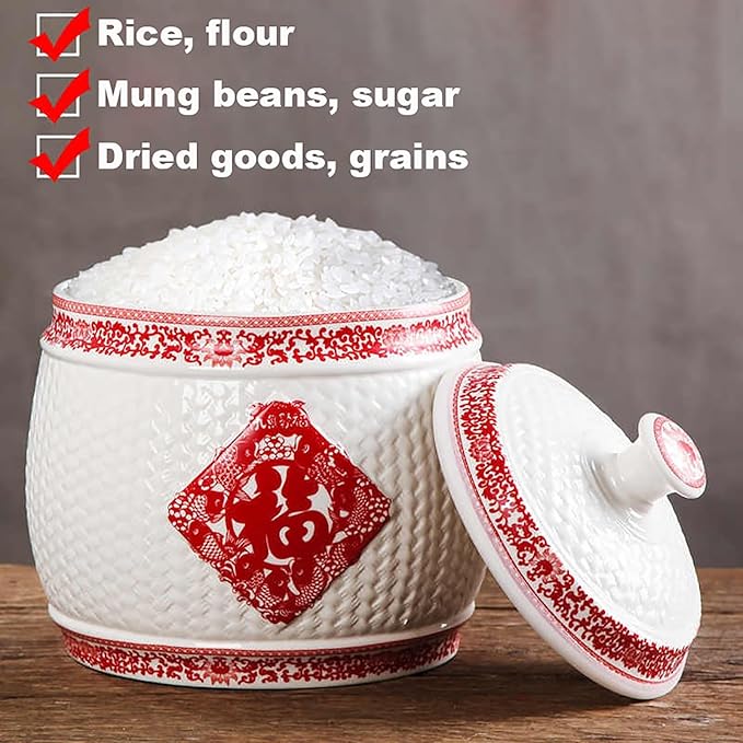 Chinese Sealed Large-Capacity Rice Pot, Ceramic Rice Bucket With Tassel Design, Grain Storage Ceramic Container, Rice Dispenser Airtight Storage Bucket For Grains Snacks Candy Coffee Beans Food(A,Capa