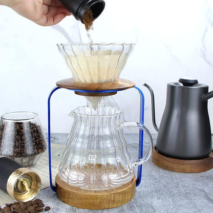 SOTECH Pour Over Coffee Dripper Stand with Metal Stand Wooden Filter Holder Glass Server with Paper Coffee Filters, Coffee Maker Stand Set for Coffee Tea and Saffron