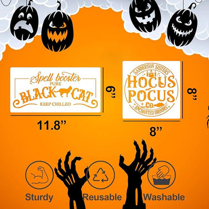 Halloween Stencils for Painting on Wood Reusable Halloween Doormat Stencils Hocus Pocus Boo Family Draw Templates for Wood Signs Walls Windows Fabrics T-Shirt DIY Crafts Decor