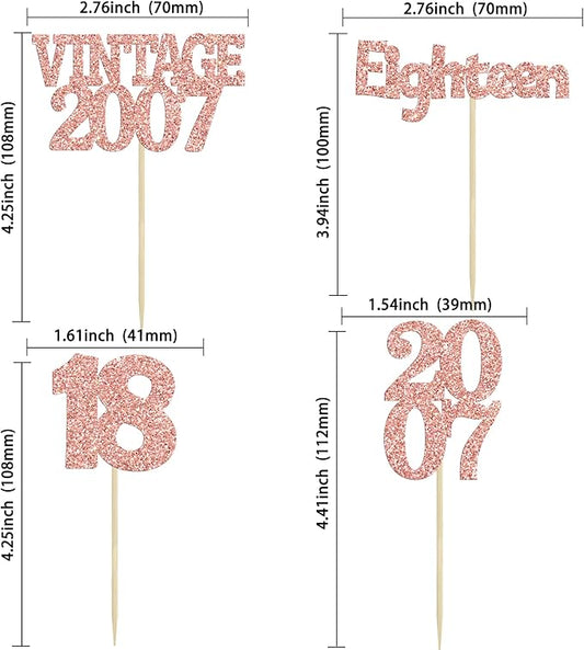 Gyufise 24Pcs 18th Birthday Cupcake Toppers Glitter Eighteen Vintage 2007 Hello 18 Years Birthday Cupcake Picks Adultish 18 Cake Decoration for Happy 18th Birthday Anniversary Party Supplies Rose Gold