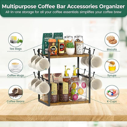 EsLuker.ly 2 Tier Coffee Mug Holder Station Bar Organize Countertop, Mug Cup Tree Rack for Kitchen Office, Storage Shelf with 12 Hooks, Creat Stylish Coffee Corner, Vintage Brown-Black