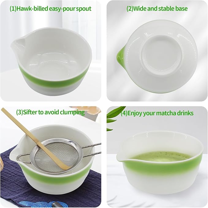 Matcha Whisk Set 7 Pcs Ceremony Kit - Gradient Glaze Ceramic Bowl, Bamboo Chasen & Holder, Sifter Scoop Gift for Matcha Lovers (Christmas/Birthday) (Green)