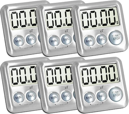Elegant Digital Kitchen Timer Stainless Steel - Silver - Strong Magnetic Back - Kickstand - Loud Alarm - Large Display - Auto Memory - Auto Shut-Off - Model eT-26 (Silver 6-Pack) by eTradewinds