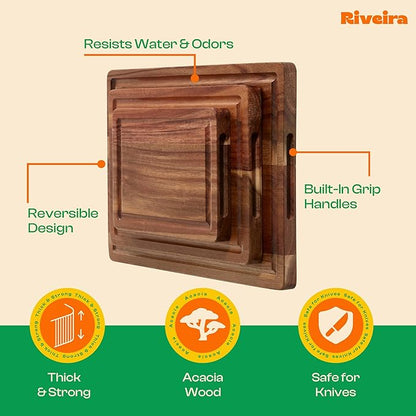 Riveira Acacia Wood Cutting Board – Versatile and Durable: Set Of 3 Pcs Rectangular Wooden Cutting Board – Natural Wooden Cutting Boards For Kitchen – Complete Acacia Wooden Chopping Board